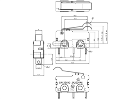 Dimensions (in mm) of snap-action switch with 15.6mm bump lever 3-pin, SPDT, 5A